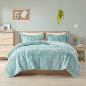 Full/Queen Soft Sherpa Faux Fur 3-Piece Comforter Set in Light Teal Blue