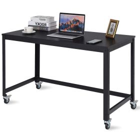 Mobile Steel Frame Laptop Computer Desk with Black Wood Top and Locking Casters