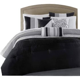 King Size 7 Piece Bed In A Bag Comforter Set Faux Silk Black Gray Stripes