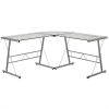 Modern Silver Metal L-Shaped Desk with Glass Top and Floor Glides