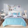 Full / Queen size 5-Piece Teal Blue Grey White Geometric Comforter Set