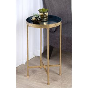 Gold Finish Metal Round End Table Nightstand with  Removable Navy Blue Tray Top