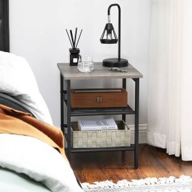 Modern Industrial Side Table Nightstand in Black Metal with Grey Beige Wood Top