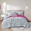 Full/Queen Reversible Comforter Set with Grey White Purple Pink Chevron Pattern