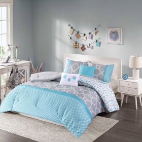 Twin / Twin XL 4-Piece Teal Blue Grey White Geometric Comforter Set