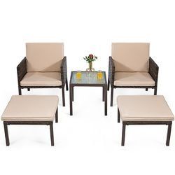 5 pcs Rattan Patio Ottoman Cushioned Garden Furniture Set Chairs