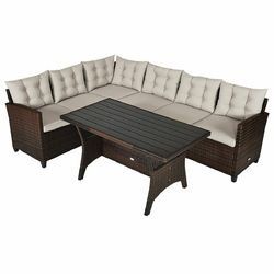 3 Pcs Rattan Dining Set Patio Furniture Sofa with Cushions