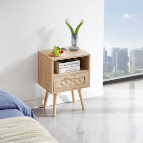 15.75" Rattan End table with Power Outlet & USB Ports , Modern nightstand with drawer and solid wood legs, side table for living room, bedroom