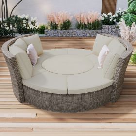 Patio 5-Piece Round Rattan Sectional Sofa Set All-Weather PE Wicker Sunbed Daybed with Round Liftable Table and Washable Cushions for Outdoor Backyard