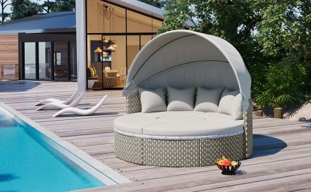 TOPMAX Patio Furniture Round Outdoor Sectional Sofa Set Rattan Daybed Two-Tone Weave Sunbed with Retractable Canopy