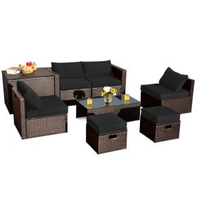 8 Pieces Patio Space-Saving Rattan Furniture Set with Storage Box and Waterproof Cover (Color: Black)