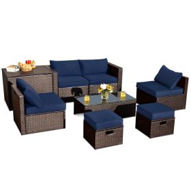 8 Pieces Patio Space-Saving Rattan Furniture Set with Storage Box and Waterproof Cover (Color: Navy)