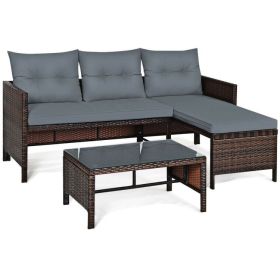 3 Pieces Outdoor Patio Corner Rattan Sofa Set (Color: Gray)