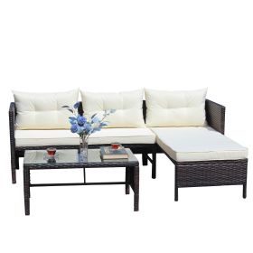 Outdoor patio Furniture sets 3 piece Conversation set wicker Ratten Sectional Sofa With Seat Cushions(Beige Cushion) (Material: Metal)