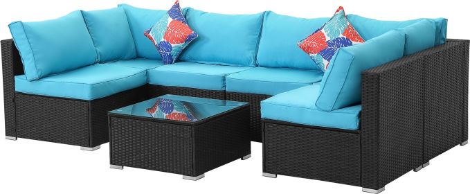 [ONLY FOR PICK UP] 7 Piece Rattan Sectional Seating Group (Color: Blue)