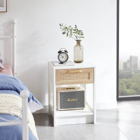 15.75" Rattan End table with drawer, Modern nightstand, side table for living room, bedroom (Material: MDF, Color: White)