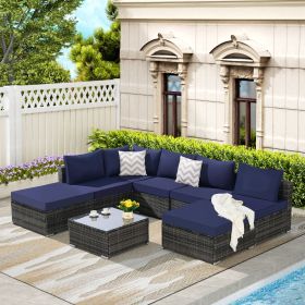 8 Pieces Outdoor Patio Sectional Sofa Couch,Wicker Furniture Conversation Sets with Washable Cushions & Glass Coffee Table for Garden, Poolside (Color: as Pic)